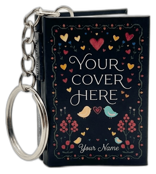 The Swift Gifts book keychain, closed, with keyring and customizable cover art