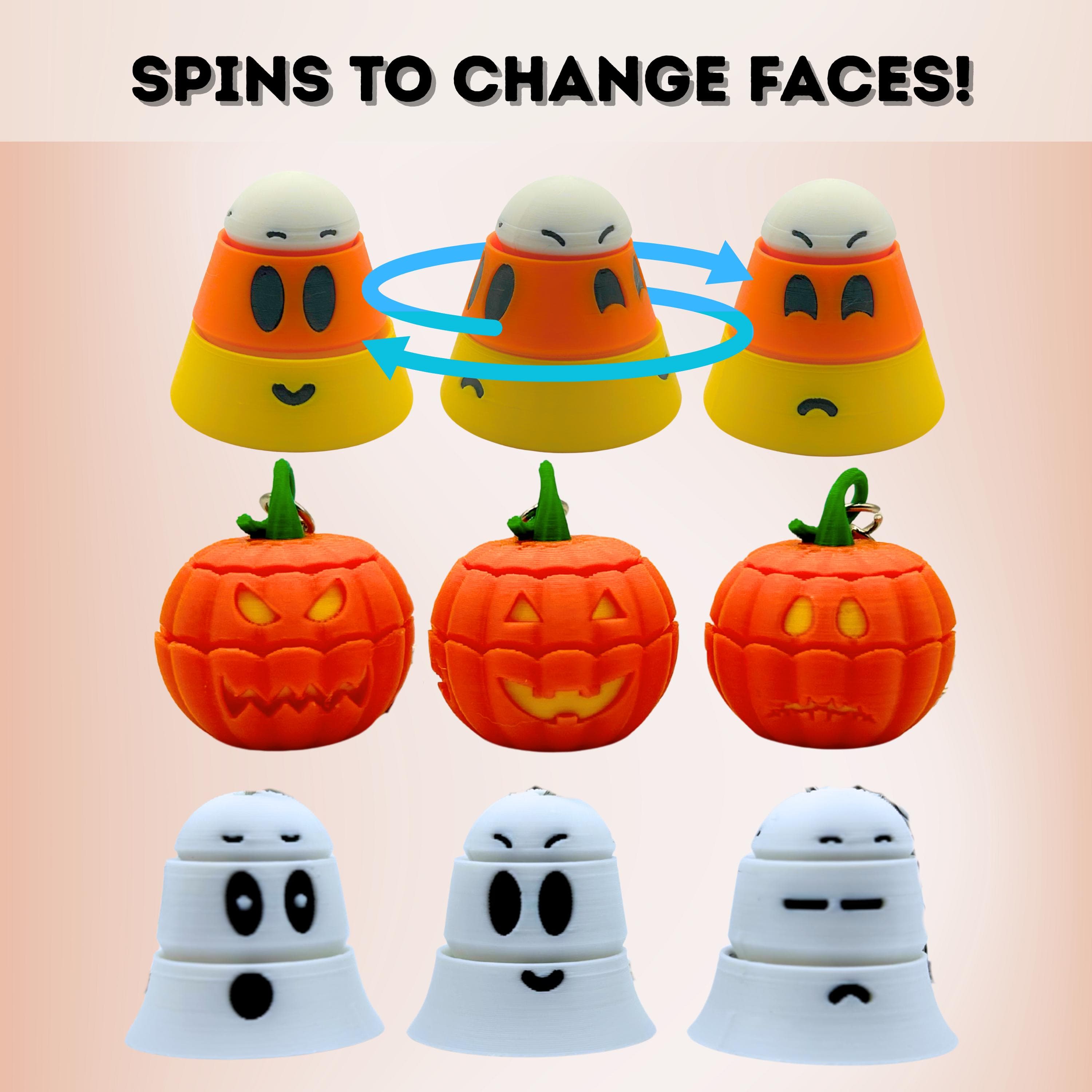 Rows of candy corn, pumpkin and ghost fidgets with different faces
