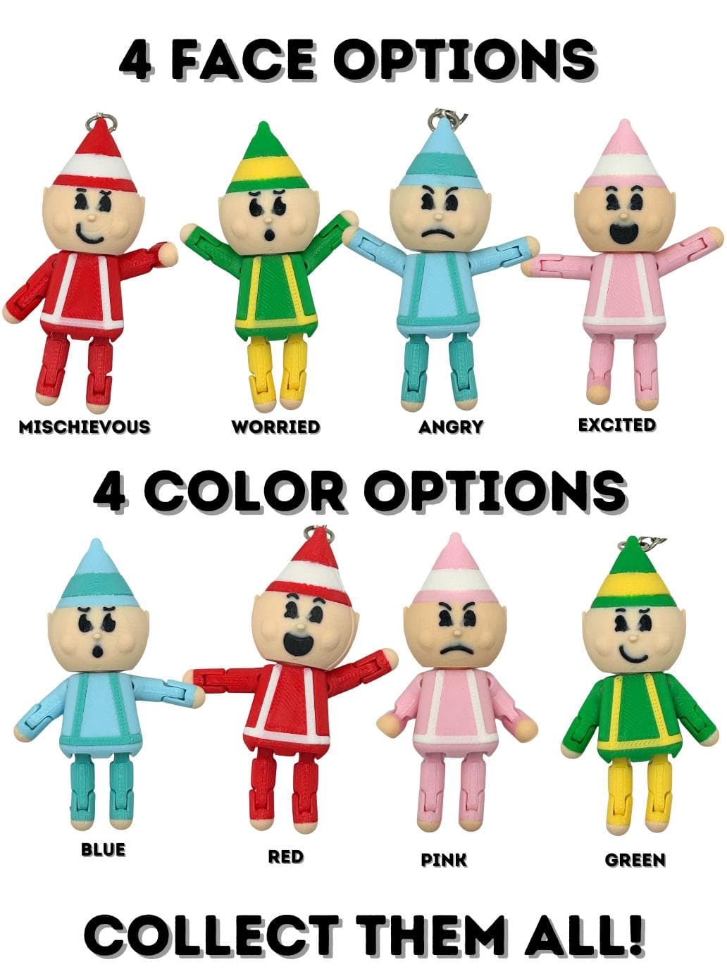 Elf fidgets in four color options with different expressions