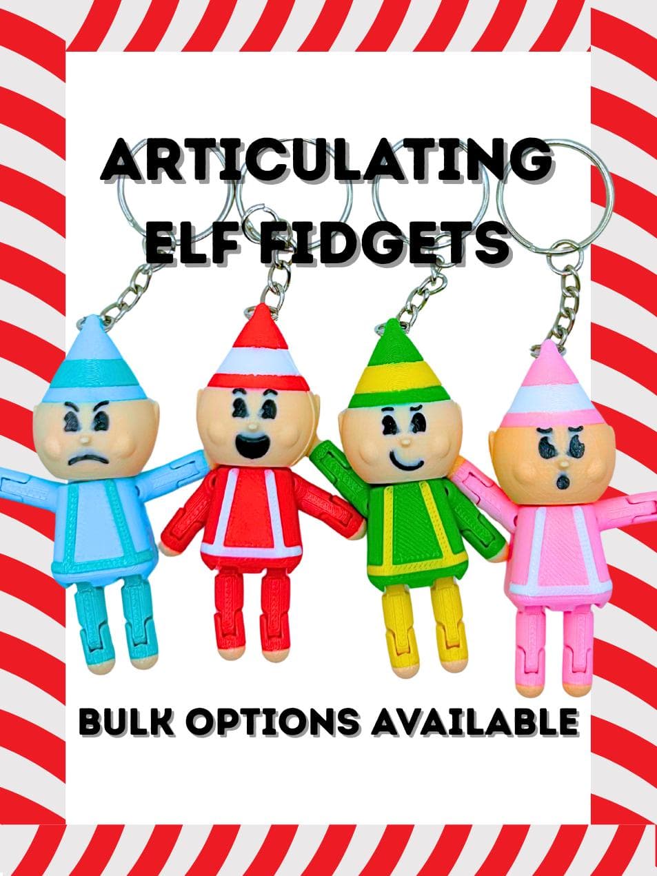 Four articulating elf fidget keychains in blue, red, green and pink