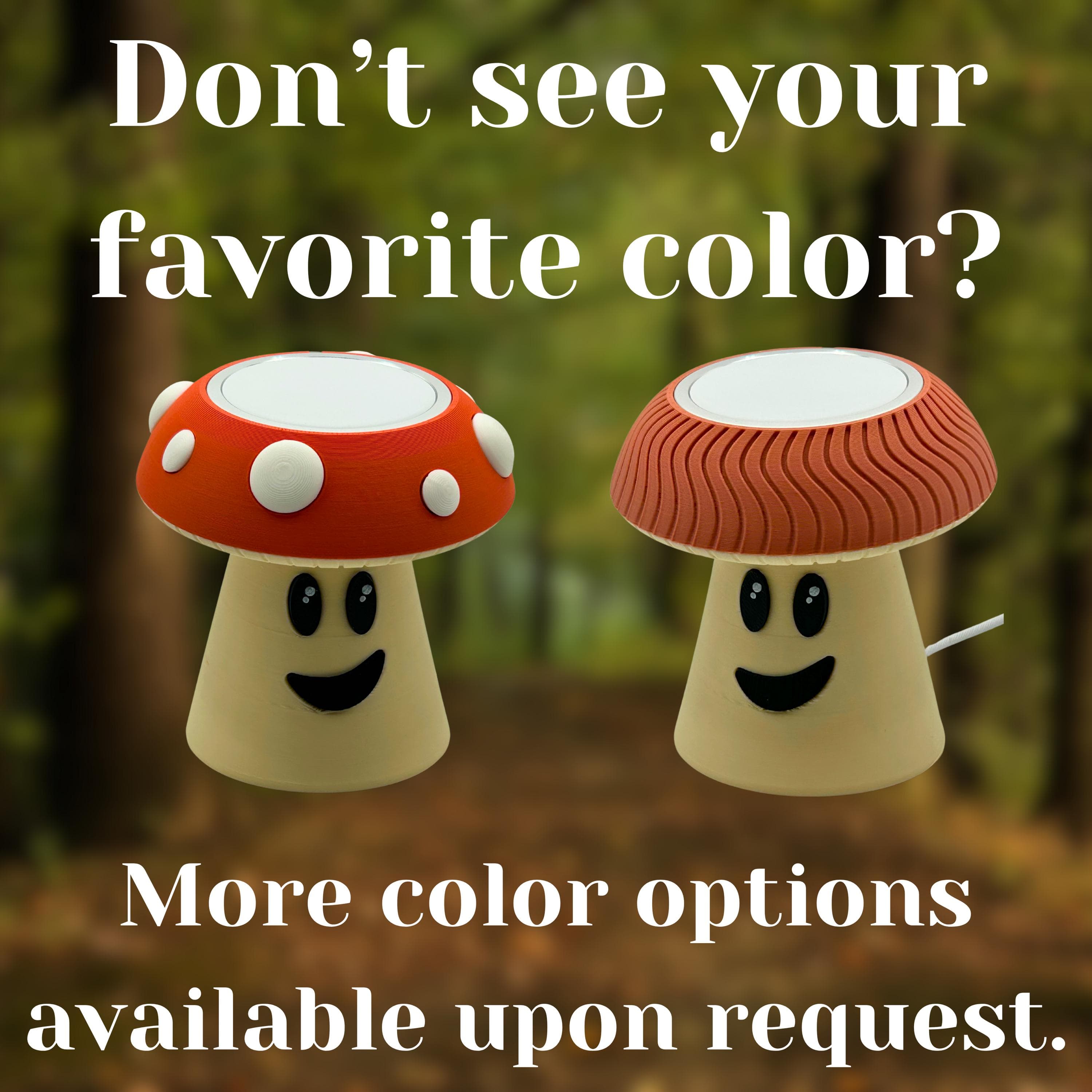 Mushroom charging stands in several cap colors