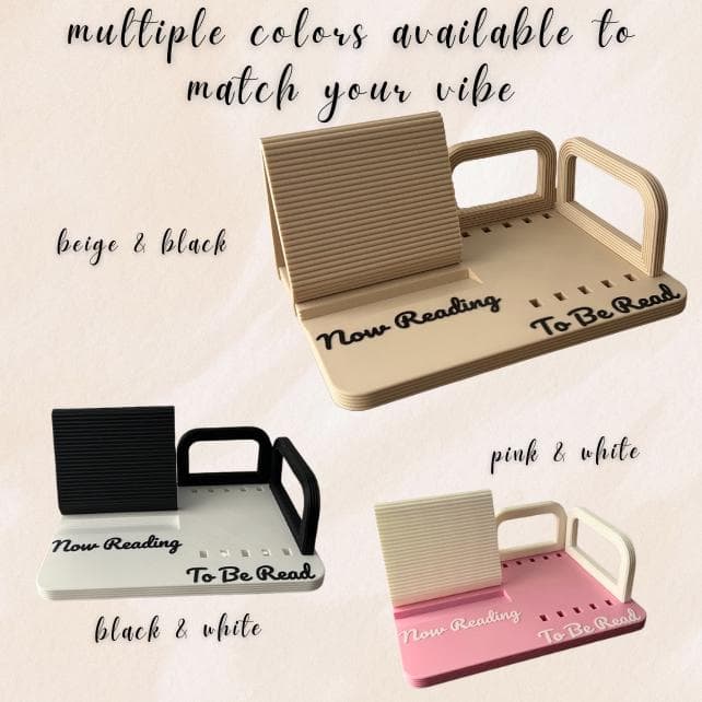 Book holder shelves in beige, black and pink color combinations